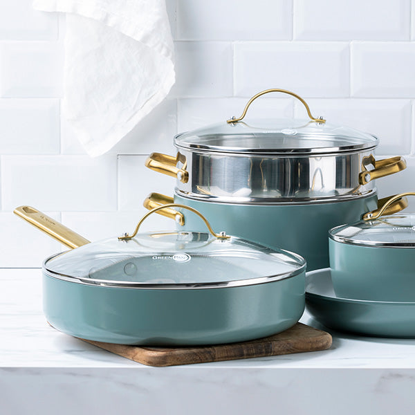 pannenset met deksel blauw keramisch 4-delig