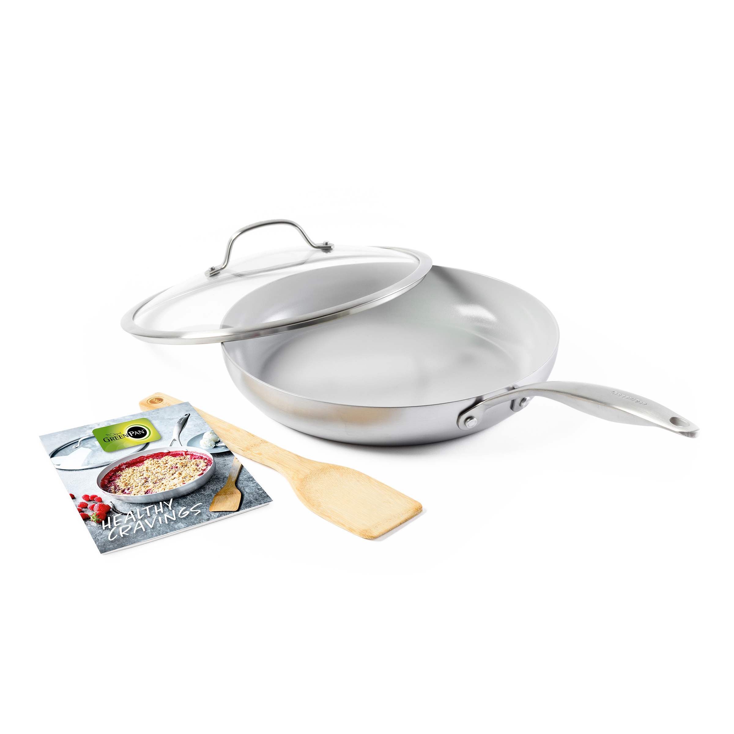 Venice Pro 3-delige set 28cm zilver braadpan met deksel, bamboo spatel en kookboek