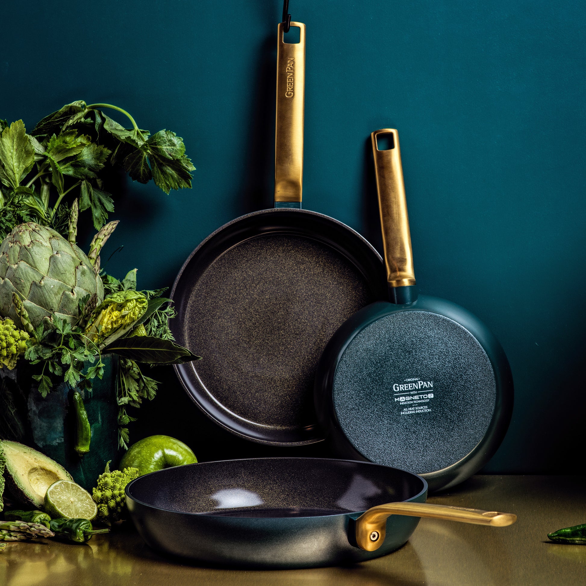 One Five Pine Green 3-delige set met matgouden handgrepen 20+24+28cm groen