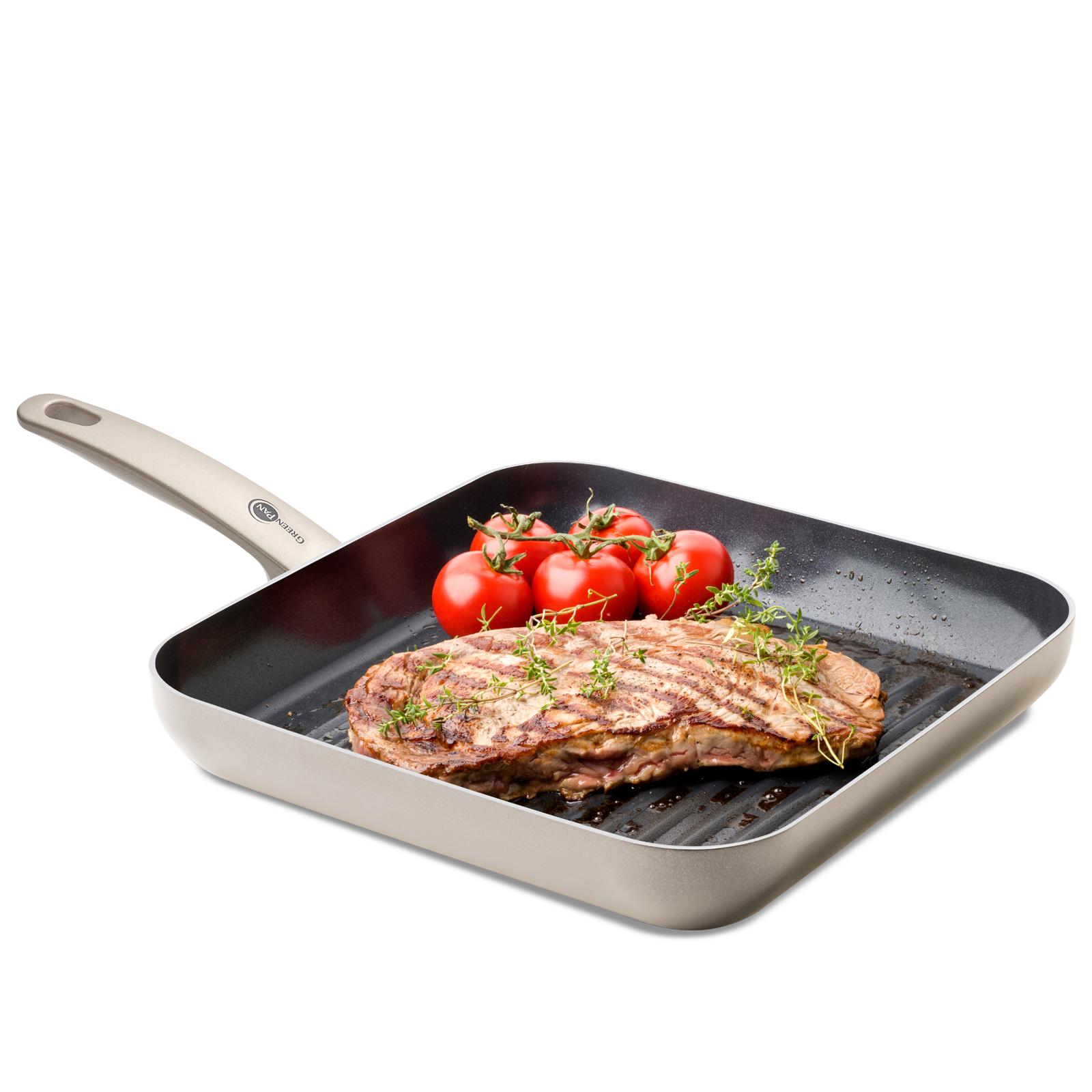 Cambridge Bronze vierkante Grillpan 28cm brons gebakken vlees en trostomaten
