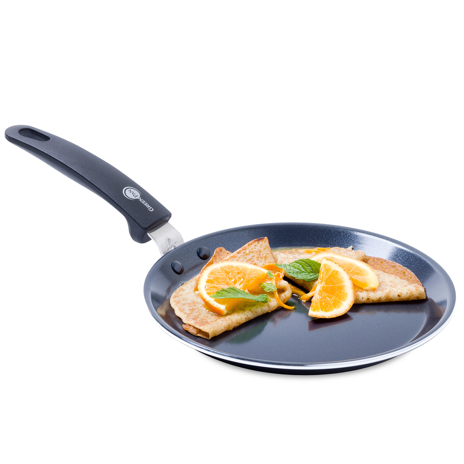 Essentials Pannenkoekenpan 28cm zwart verse pannenkoeken en appelsien