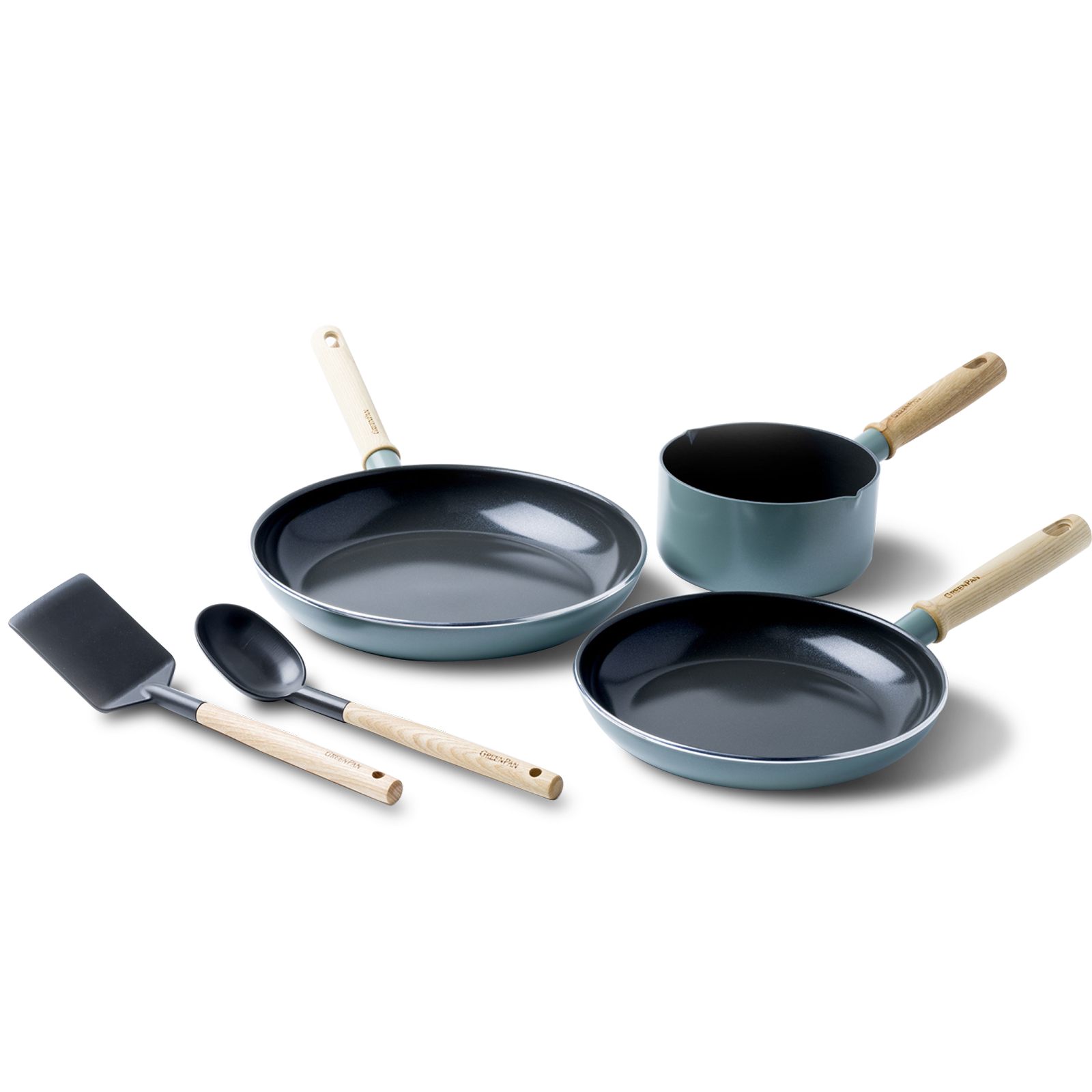 Mayflower 5-delige Pannenset Scandinavisch blauw met essenhout handvaten