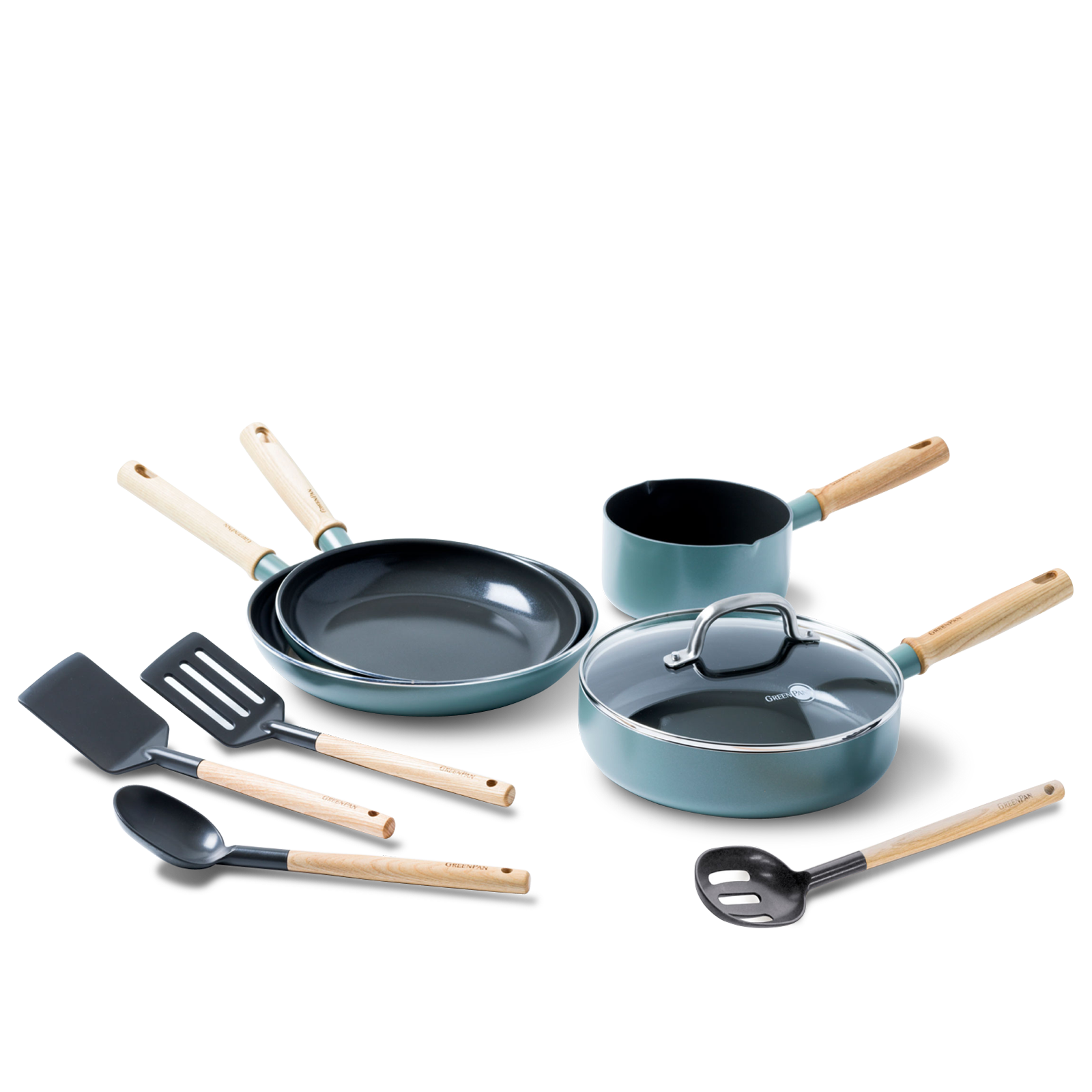 Mayflower 9-delige Pannenset Scandinavisch blauw collectie met essenhout handvaten