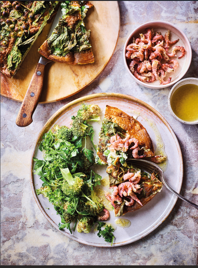 Quiche met erwtjes, garnalen en roomkaas