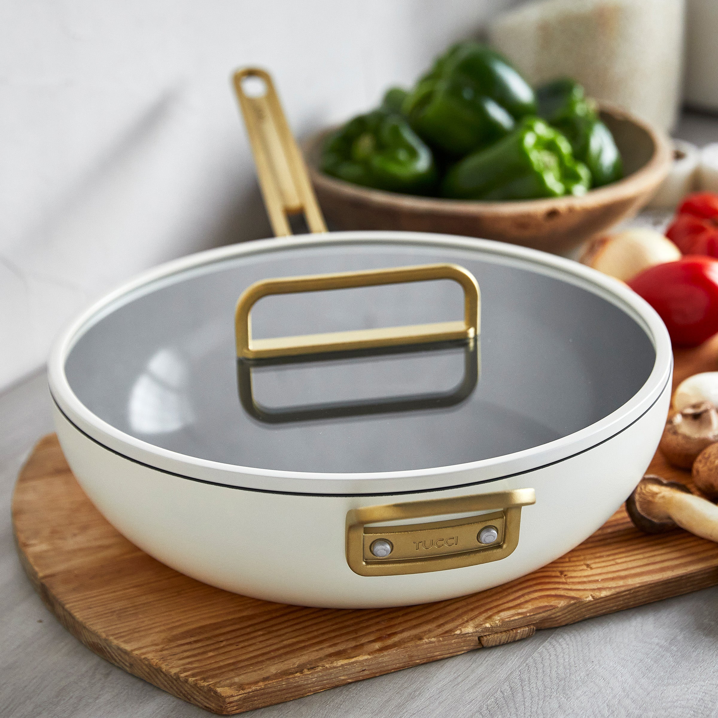 GreenPan™ Stanley Tucci™ Ceramic Nonstick 33cm Stanley Pan with Lid, Carrara White