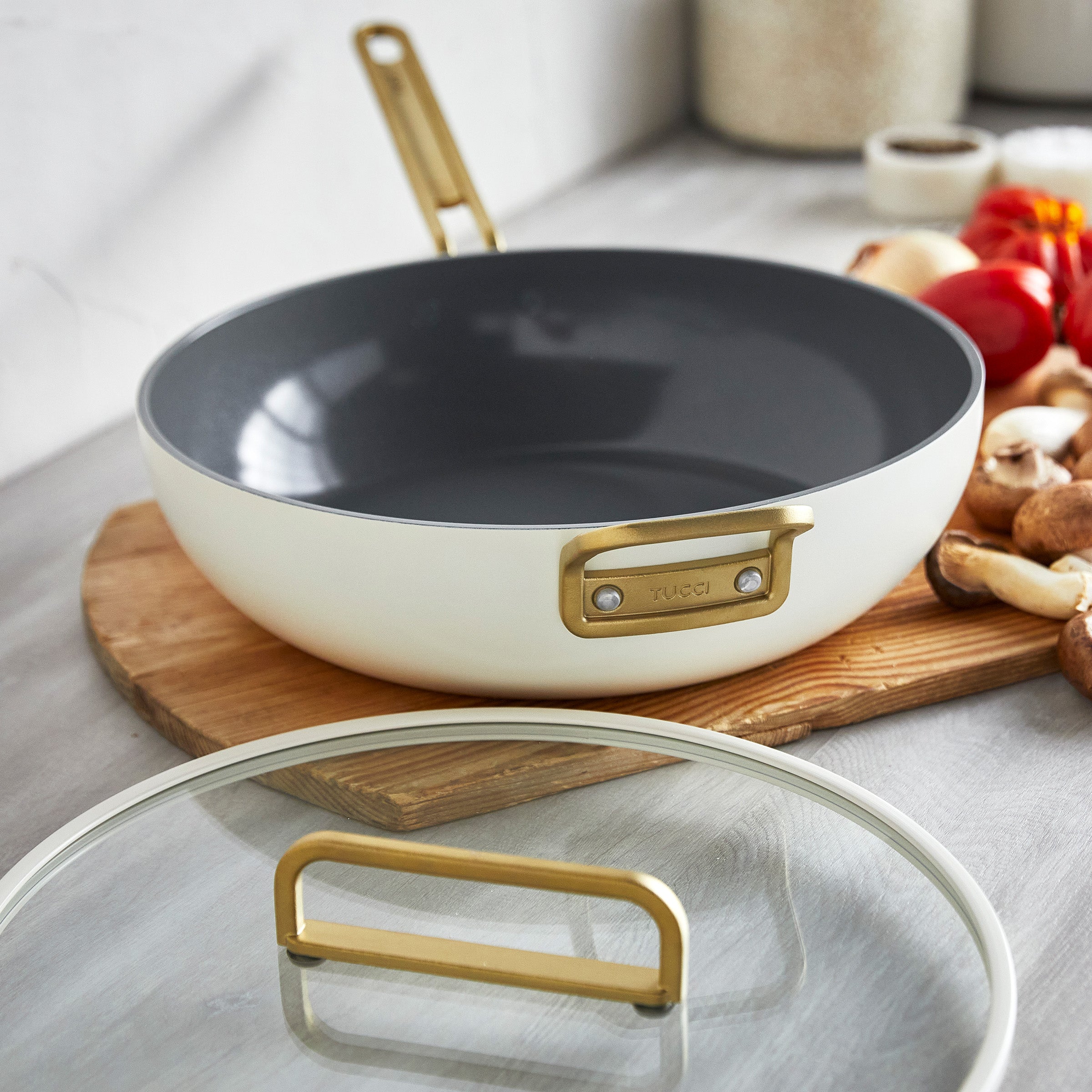 GreenPan™ Stanley Tucci™ Ceramic Nonstick 33cm Stanley Pan with Lid, Carrara White