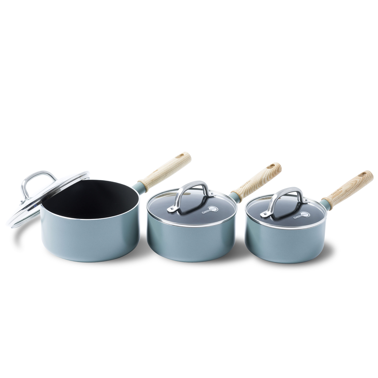 Mayflower 3-delige steelpannenset Scandinavisch blauw met essenhout handvaten
